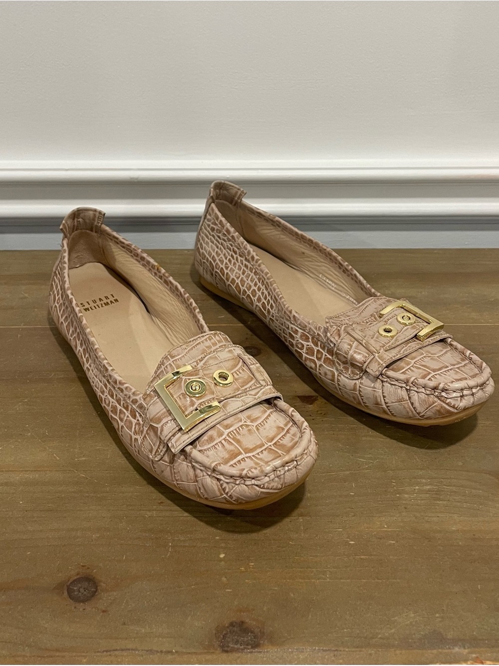 Stuart Weitzman Tan Croc-Embossed Leather Loafers with Gold Buckle
